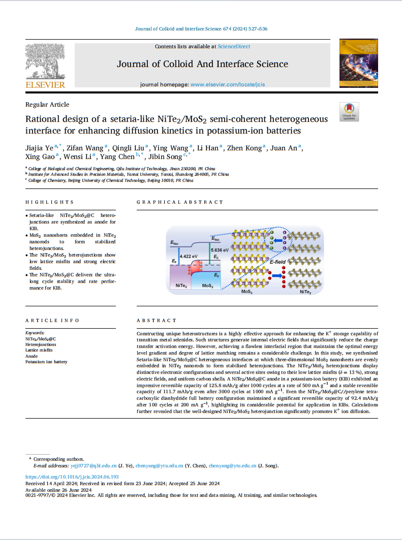 生物与化学工程学院叶佳佳在《Journal of Colloid And Interface Science》发表论文